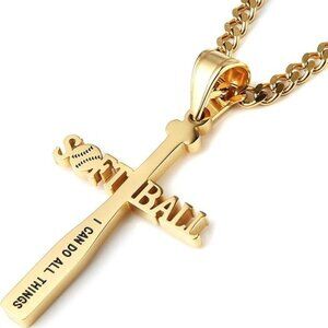 Gold Softball Bat Cross Pendant, Bible Verse Necklace